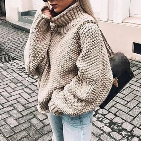 Beige Color Long Sleeve Turtleneck Sweater - Picture 1 of 3